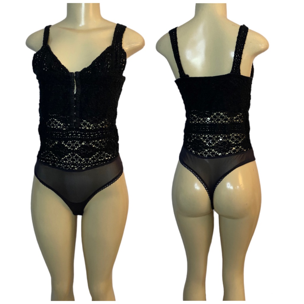 Free People Black Hooked On Lace Crochet Bodysuit Size Xs